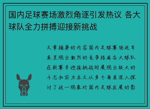 国内足球赛场激烈角逐引发热议 各大球队全力拼搏迎接新挑战