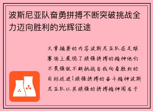 波斯尼亚队奋勇拼搏不断突破挑战全力迈向胜利的光辉征途