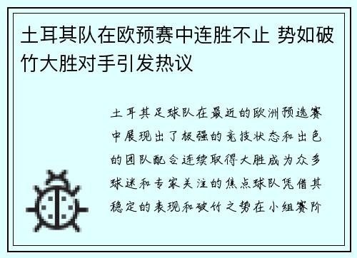 土耳其队在欧预赛中连胜不止 势如破竹大胜对手引发热议